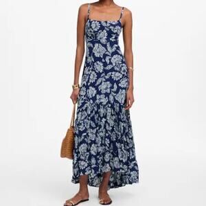 Madewell Textured Maxi Slip Dress Open Back Floral Navy Blue White Small 4